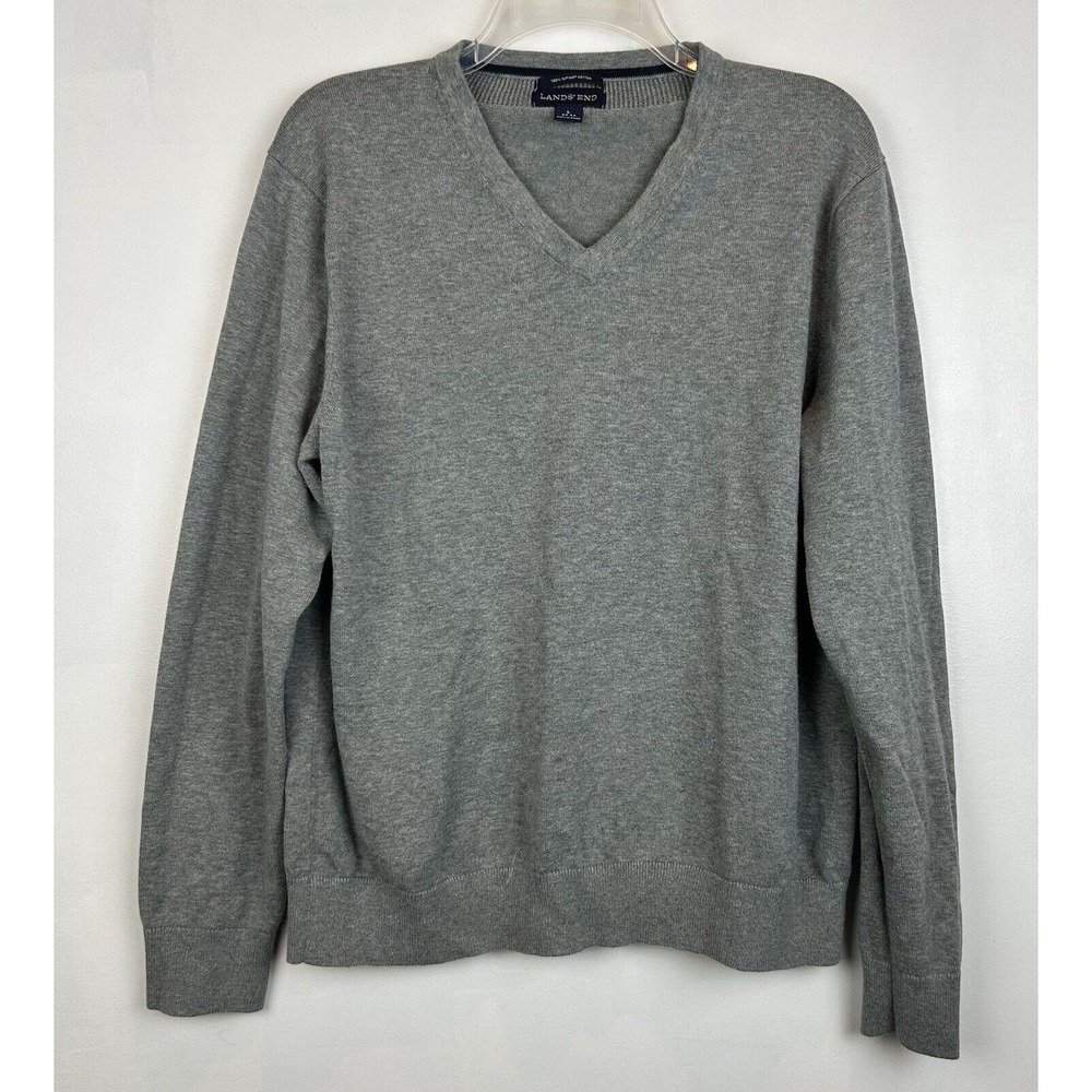 Lands End Sweater Men Large Gray Long Sleeve V Neck Supima Cotton Preppy Capsule